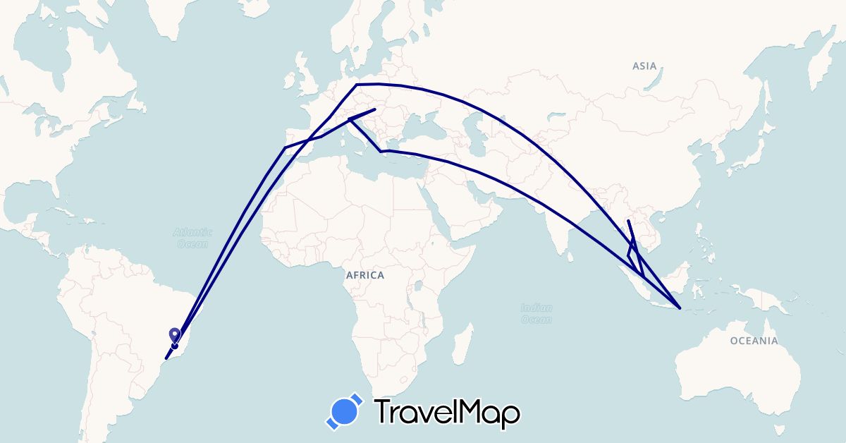 TravelMap itinerary: driving in Brazil, Germany, Spain, France, Greece, Hungary, Indonesia, Italy, Malaysia, Portugal, Singapore, Thailand (Asia, Europe, South America)